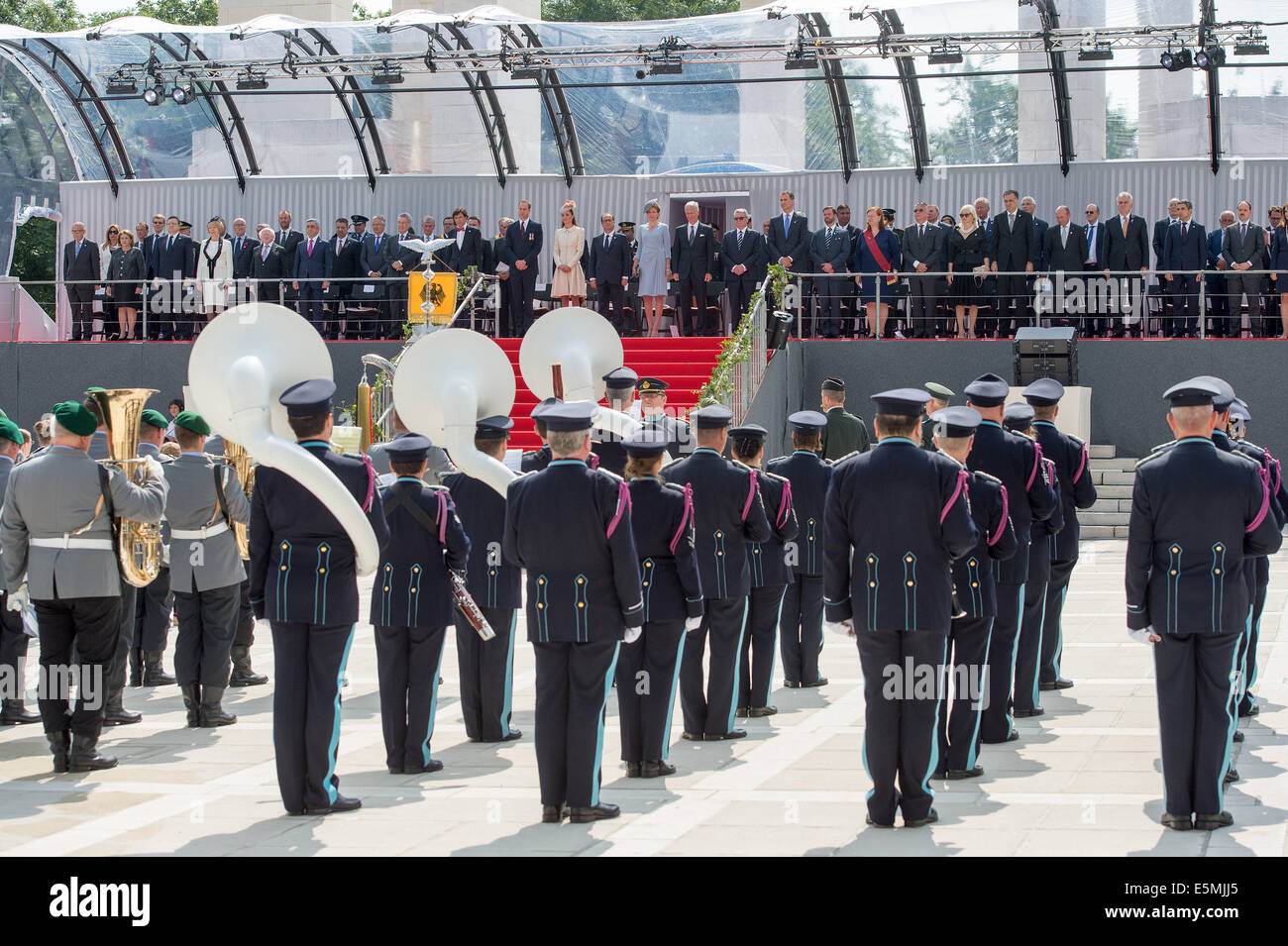 Liege, Belgium. 04th Aug, 2014. Guests of honor attend music parade of the international memorial ceremony for the 100th anniversary of the beginning of the First World War in Liege, Belgium, 04 August 2014. The year 2014 sees the 100th anniversary of the beginning of WWI, or the Great War, which according to official statistics cost more than 37 million military and civilian casualties between 1914 and 1918. Photo: Maurizio Gambarini/dpa/Alamy Live News Stock Photo