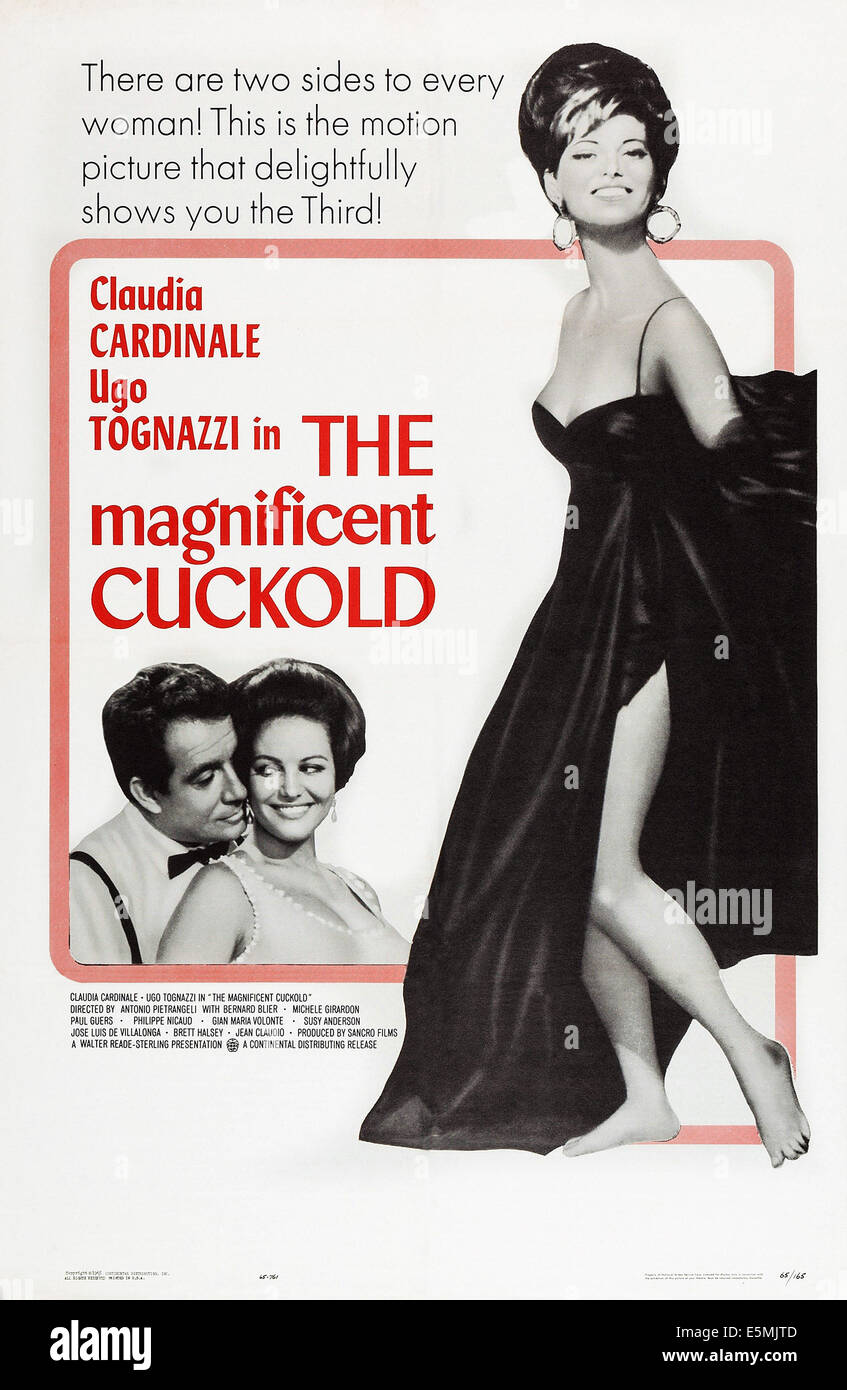 THE MAGNIFICENT CUCKOLD, (aka IL MAGNIFICO CORNUTO), l-r: Ugo Tognazzi, Claudia Cardinale on poster art, 1964. Stock Photo