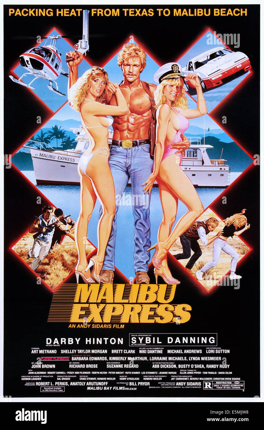 MALIBU EXPRESS, US poster, from left: Sybil Danning, Darby Hinton, 1985, © Malibu Bay Films/courtesy Everett Collection Stock Photo