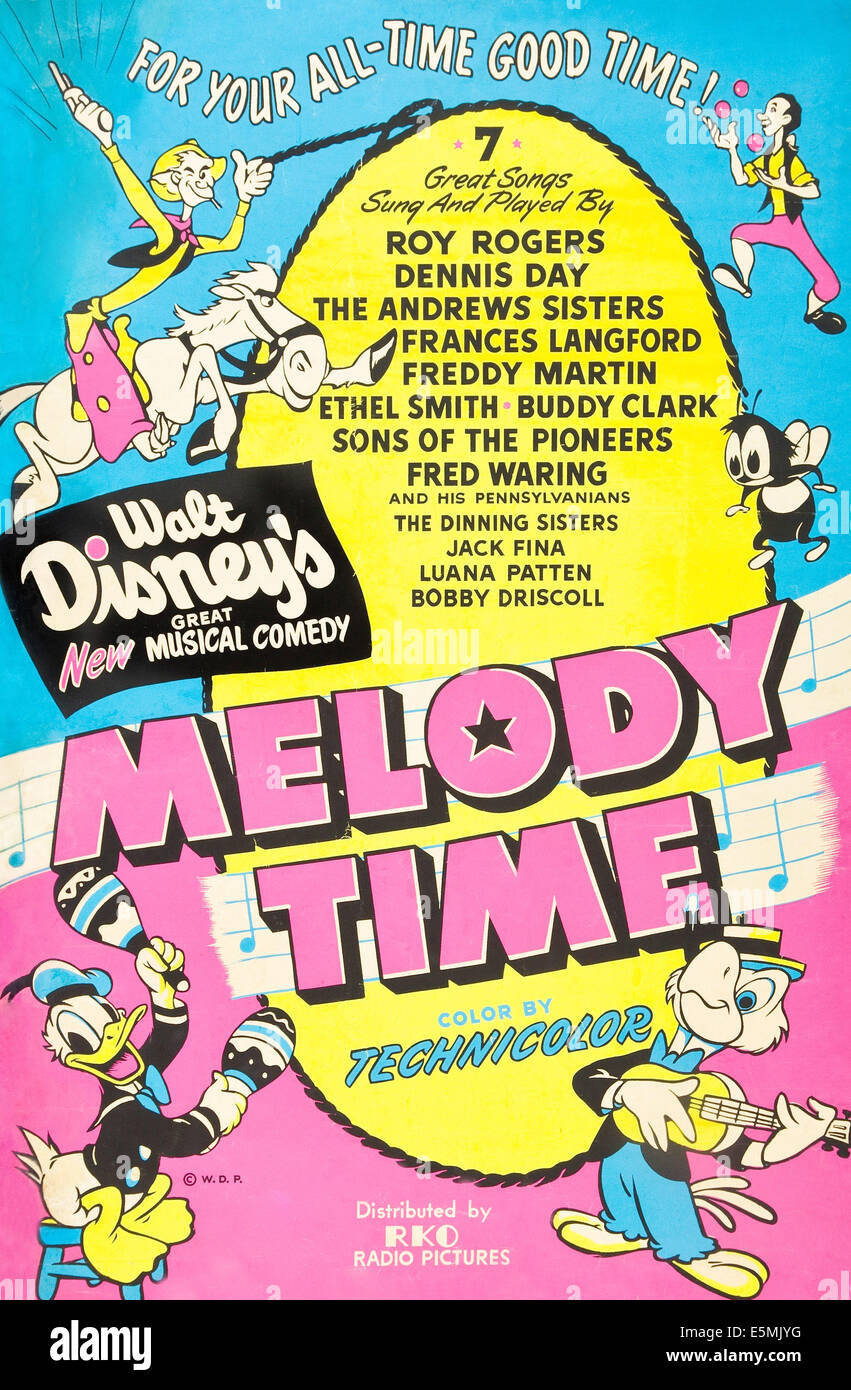 MELODY TIME, top l-r: Pecos Bill, Johnny Appleseed, bottom l-r: Donald Duck, Jose Carioca on poster ar, 1948 Stock Photo