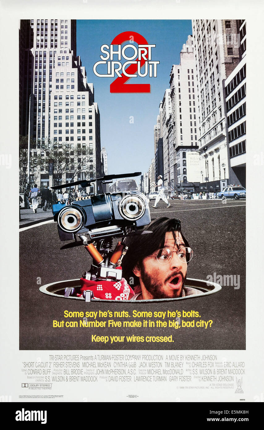 SHORT CIRCUIT 2, US poster, from left: Johnny Five, Fisher Stevens, 1988, © TriStar/courtesy Everett Collection Stock Photo