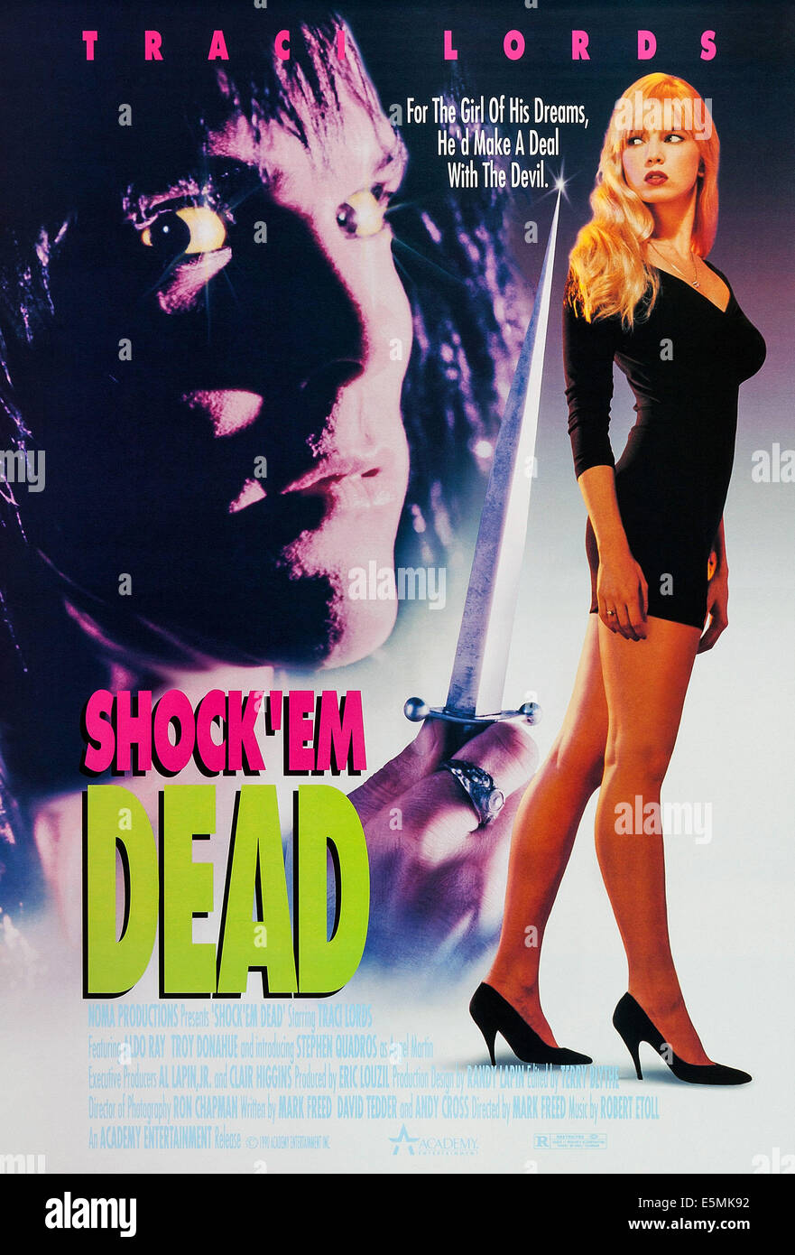 SHOCK 'EM DEAD, US poster, from left: Stephen Quadros, Traci Lords, 1991, © Academy Entertainment/courtesy Everett Collection Stock Photo