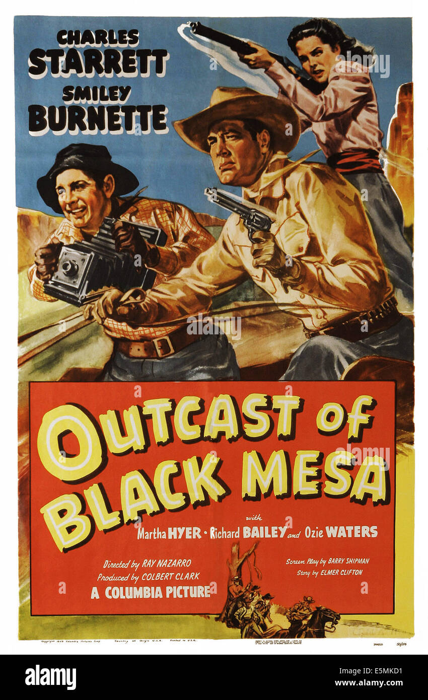 OUTCAST OF BLACK MESA, US poster art, from left: Smiley Burnette, Charles Starrett, 1950 Stock Photo
