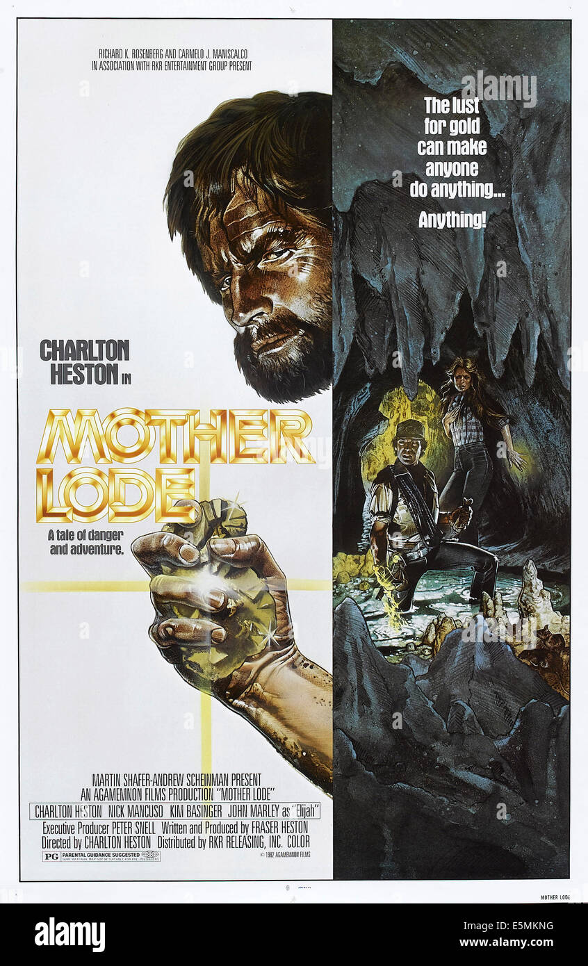 MOTHER LODE, US poster art, from left: Charlton Heston, Nick Mancuso, Kim Basinger, 1982, © Agamemnon Films/courtesy Everett Stock Photo