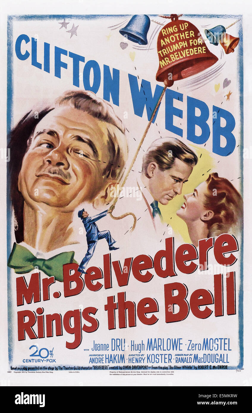 MR. BELVEDERE RINGS THE BELL, US poster art, from left: Clifton Webb, Hugh Marlowe, Joanne Dru,  1951, TM and copyright ©20th Stock Photo