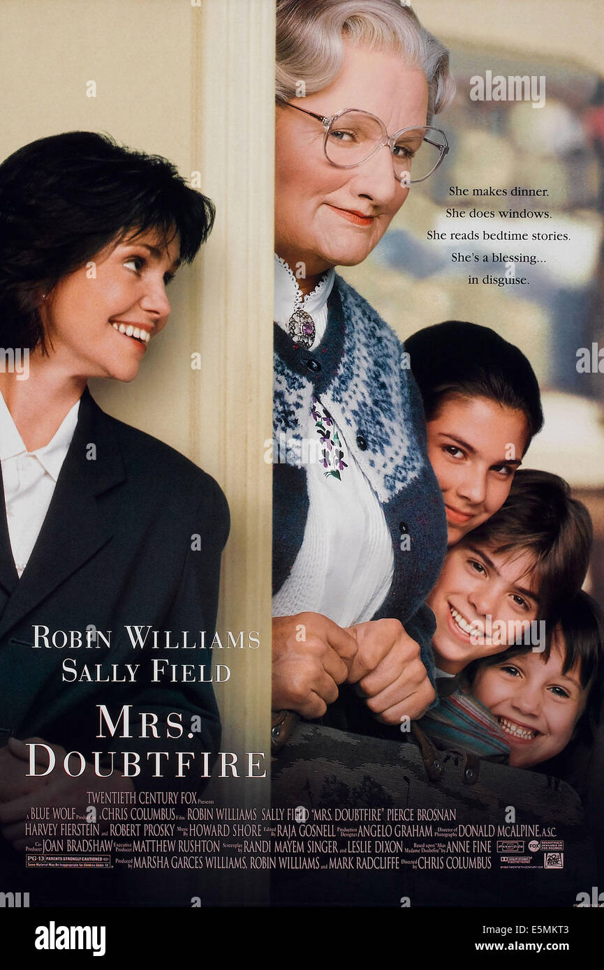 MRS. DOUBTFIRE, US poster art, from left: Sally Field, Robin Williams, Lisa Jakub, Matthew Lawrence, Mara Wilson, 1993. TM and Stock Photo