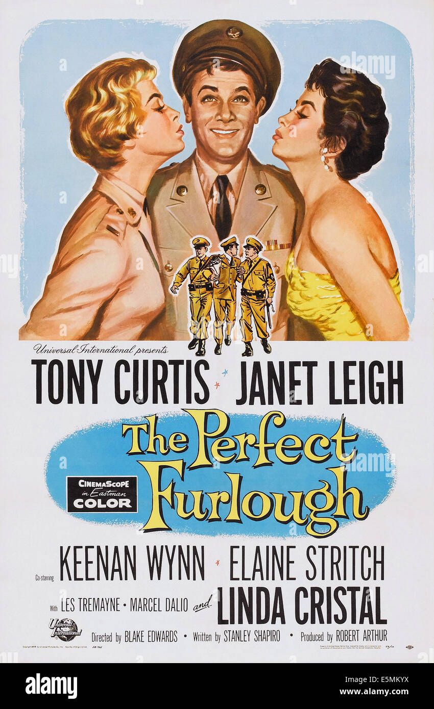 THE PERFECT FURLOUGH, l-r: Janet Leigh, Tony Curtis, Linda Cristal on poster art, 1959 Stock Photo