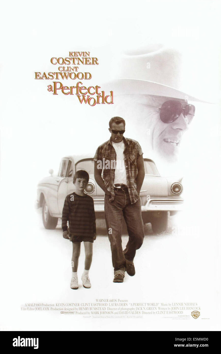 A PERFECT WORLD, US poster art, from left: T.J. Lowther, Kevin Costner, Clint Eastwood, 1993. ©Warner Brothers/Courtesy Everett Stock Photo