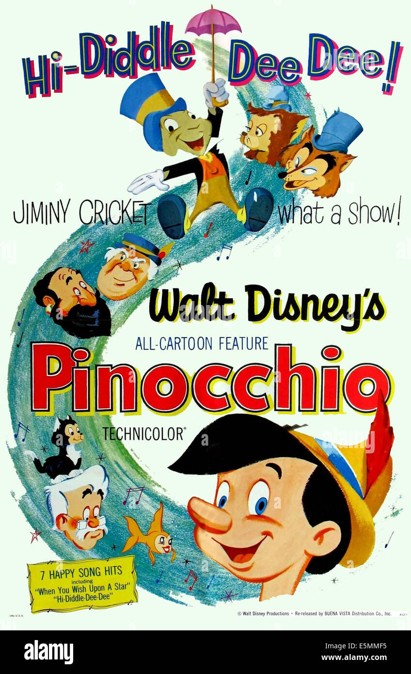 PINOCCHIO, top l-r: Stromboli, Coachman, Jiminy Cricket, Gideon, Honest John, bottom: Figaro, Gepetto, Cleo, Pinocchio on Stock Photo