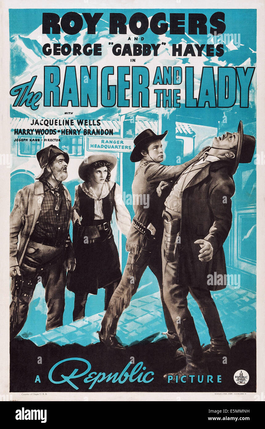 THE RANGER AND THE LADY, US poster, from left: Gabby Hayes, Julie Bishop as Jacqueline Wells, Roy Rogers, Harry Woods, 1940 Stock Photo