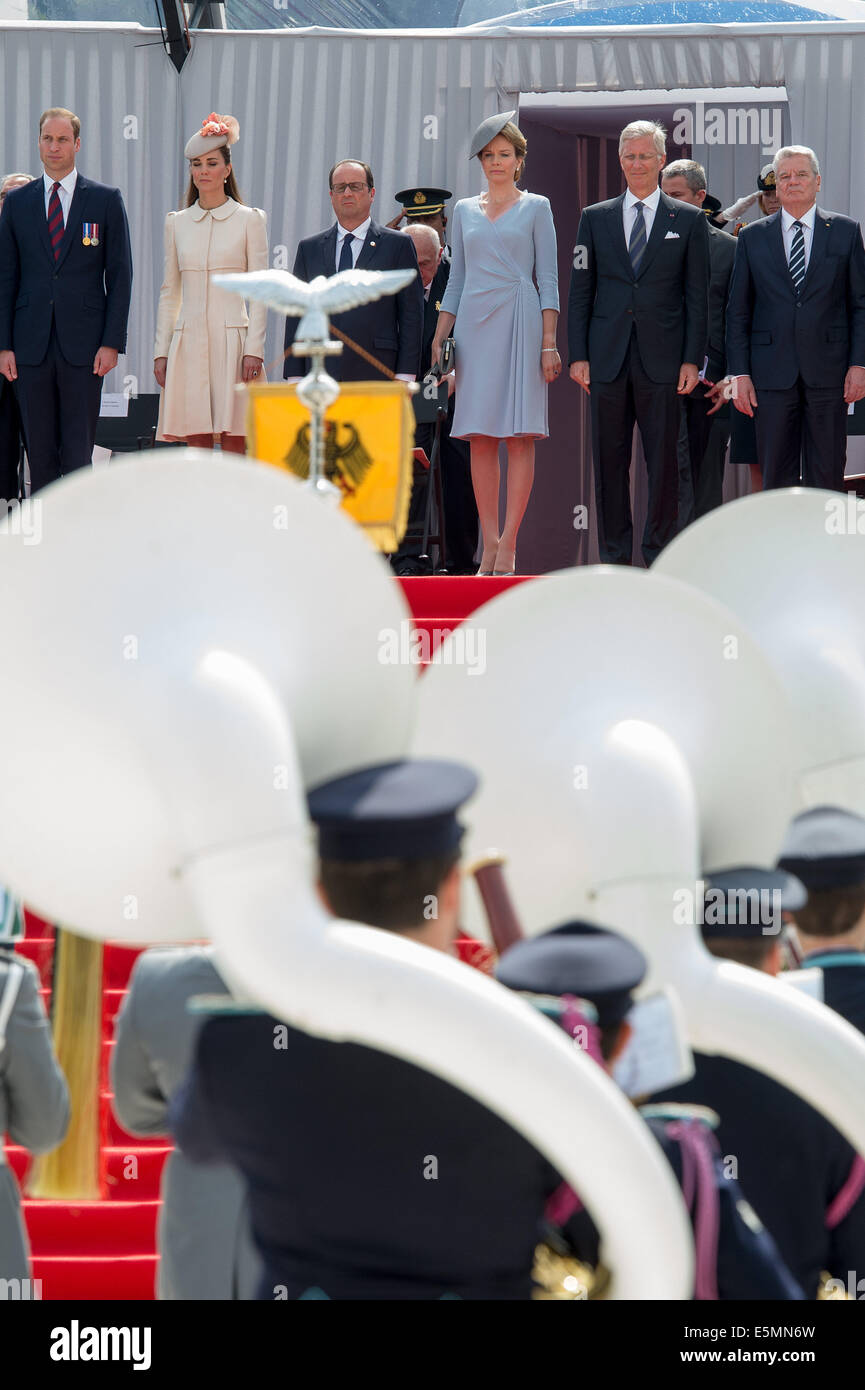 British Prince William, Duchess Kate, Queen Mathilde, King Philippe of Belgium, French President François Hollande, German President Joachim Gauck and Spanish King Felipe VI. attend the music parade at the international memorial ceremony for the 100th anniversary of the beginning of the First World War in Liege, Belgium, 04 August 2014. The year 2014 sees the 100th anniversary of the beginning of WWI, or the Great War, which according to official statistics cost more than 37 million military and civilian casualties between 1914 and 1918. Photo: Maurizio Gambarini/dpa Stock Photo