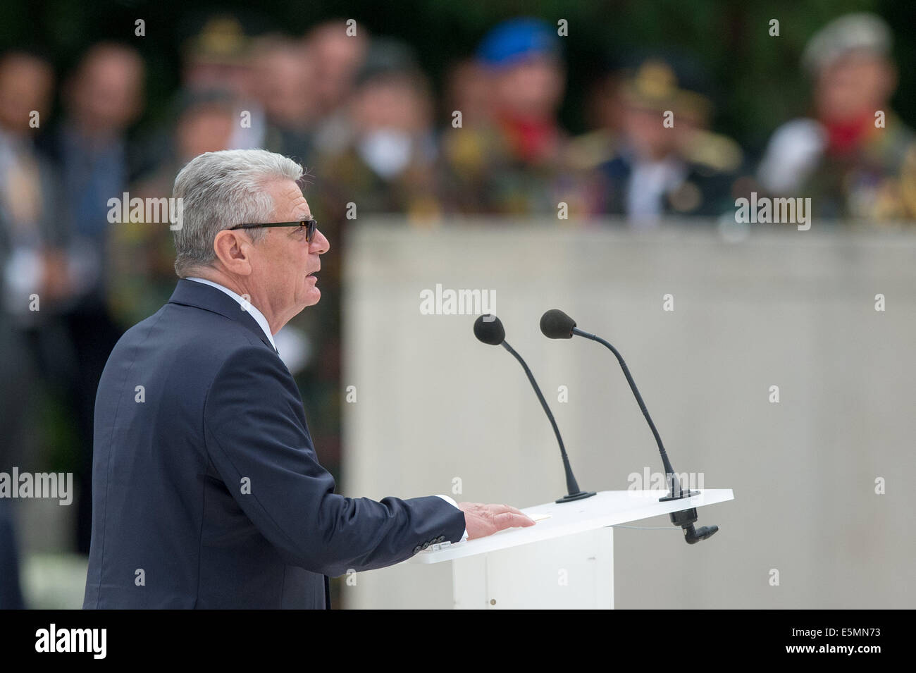 Liege, Belgium. 04th Aug, 2014. German President Joachim Gauck speaks during the international memorial ceremony for the 100th anniversary of the beginning of the First World War in Liege, Belgium, 04 August 2014. The year 2014 sees the 100th anniversary of the beginning of WWI, or the Great War, which according to official statistics cost more than 37 million military and civilian casualties between 1914 and 1918. Photo: Maurizio Gambarini/dpa/Alamy Live News Stock Photo