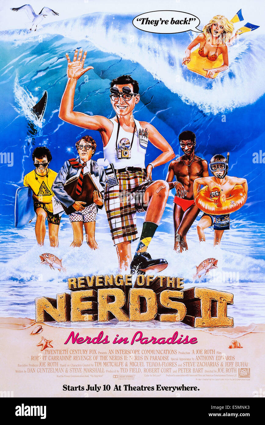 REVENGE OF THE NERDS II: NERDS IN PARADISE, US poster, from left: Curtis Armstrong, Timothy Busfield, Robert Carradine, Larry Stock Photo