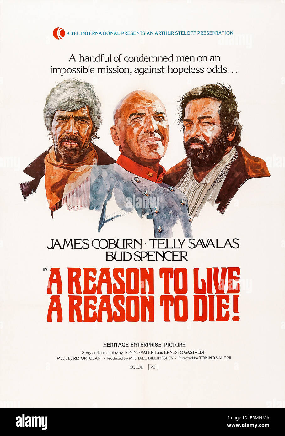 A REASON TO LIVE, A REASON TO DIE!, US poster art, from left: James Coburn, Telly Savalas, Bud Spencer, 1972 Stock Photo