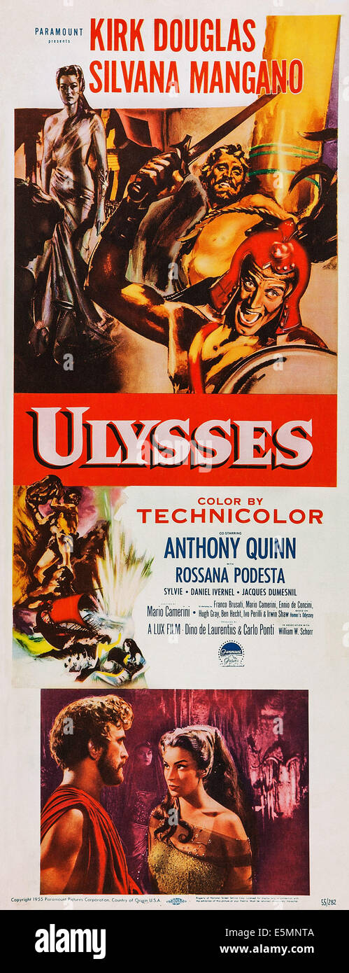 ULYSSES, US poster art, bottom from left: Kirk Douglas, Silvana Mangano, 1955 Stock Photo