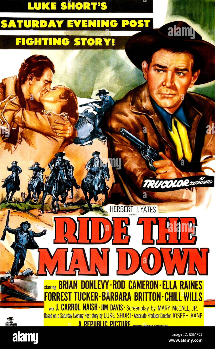 RIDE THE MAN DOWN, Rod Cameron, Ella Raines, Rod Cameron on poster art, 1952 Stock Photo