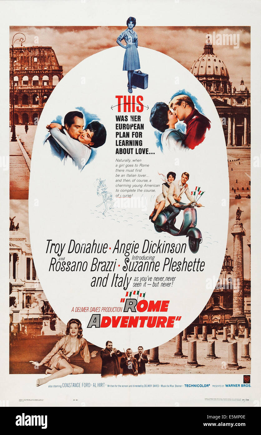 ROME ADVENTURE, Suzanne Pleshette (top), couple embracing from left: Rossano Brazzi, Suzanne Pleshette, couple kissing from Stock Photo