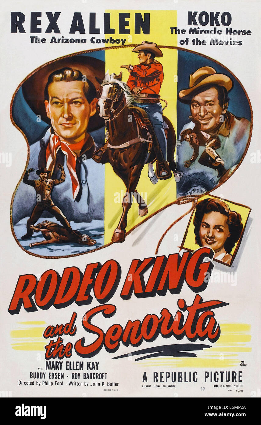 RODEO KING AND THE SENORITA, US poster art, from left: Rex Allen, Koko the Miracle Horse of the Movies, Buddy Ebsen, Mary Ellen Stock Photo