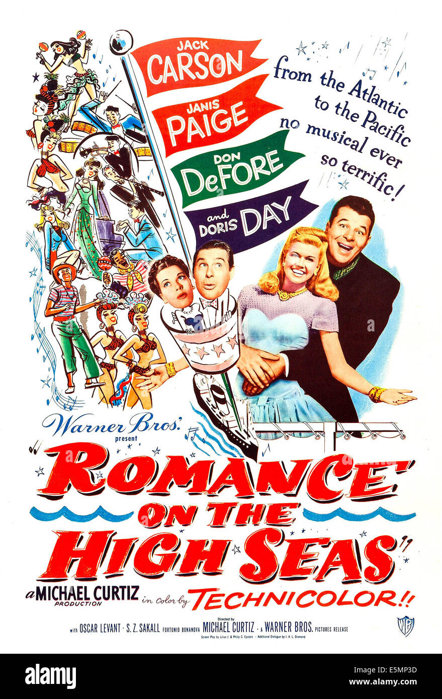 ROMANCE ON THE HIGH SEAS, US poster, center from left: Janis Paige, Don DeFore, Doris Day, Jack Carson, 1948 Stock Photo