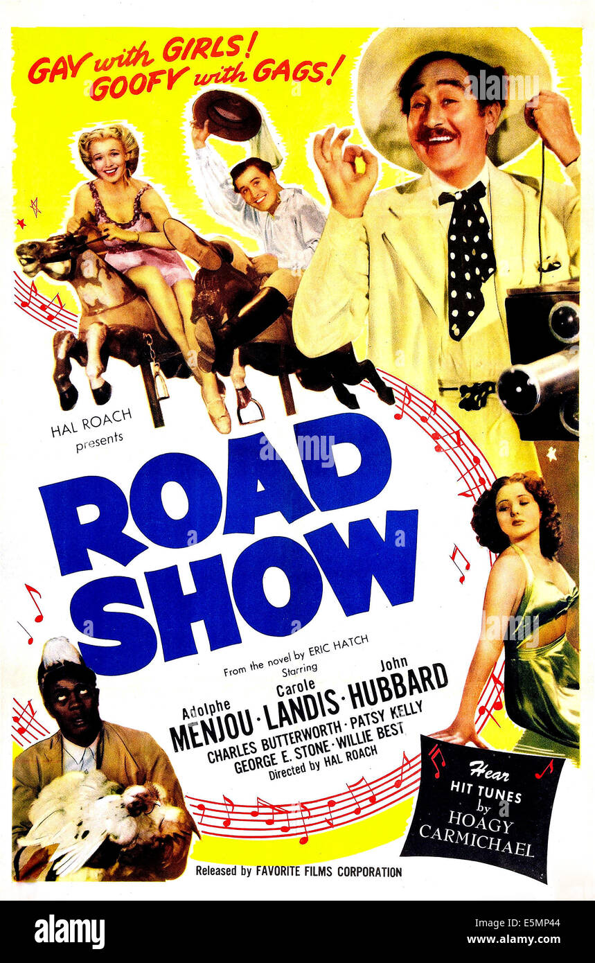 ROAD SHOW, US poster, from top: Carole Landis, John Hubbard, Adolphe Menjou, Patsy Kelly, Willie Best, 1941 Stock Photo