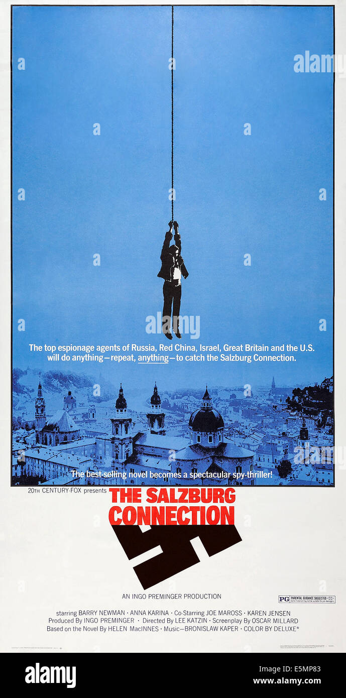 THE SALZBURG CONNECTION, US poster art, from left, Karen Jensen, Barry Newman, 1972, ©TM and copyright 20th Century Fox-Film Stock Photo