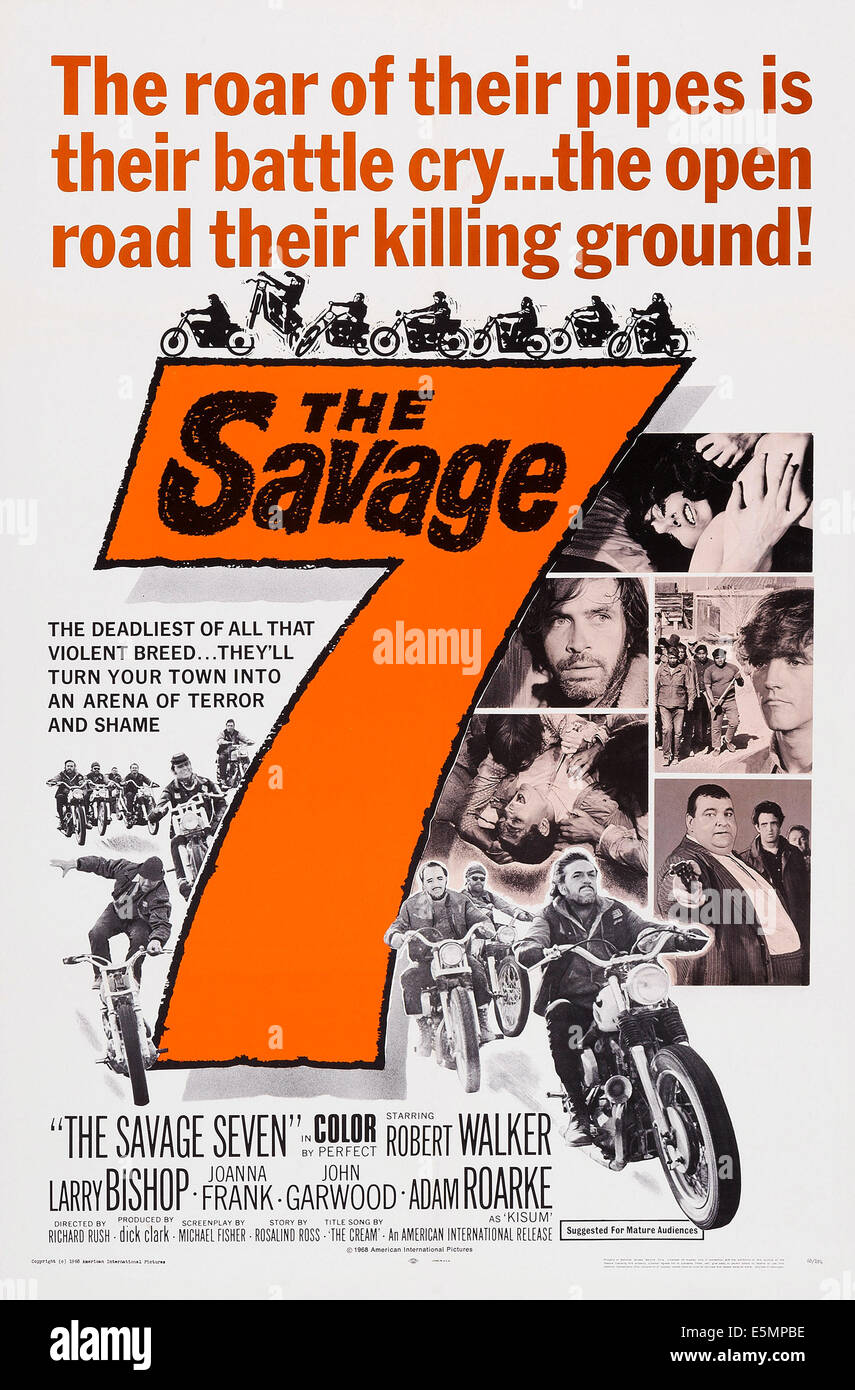 THE SAVAGE SEVEN, US poster, Adam Roarke (bottom front), 1968 Stock Photo