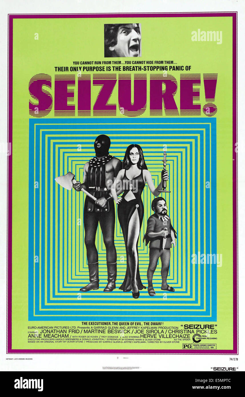 SEIZURE, US poster, top photo: Jonathan Frid, center far right: Herve Villechaize, 1974 Stock Photo