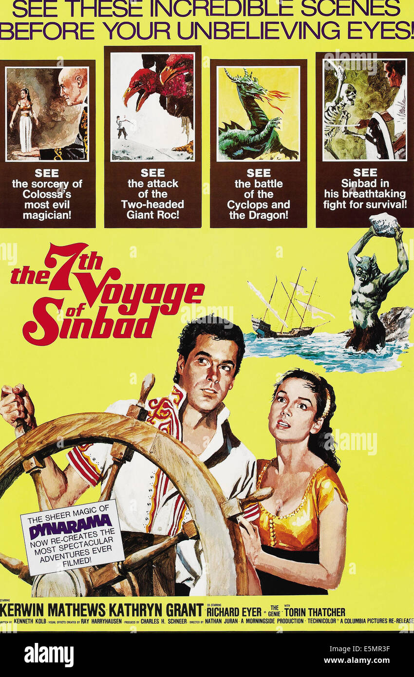 THE 7TH VOYAGE OF SINBAD, bottom l-r: Kerwin Mathews, Kathryn Grant on poster art, 1958 Stock Photo