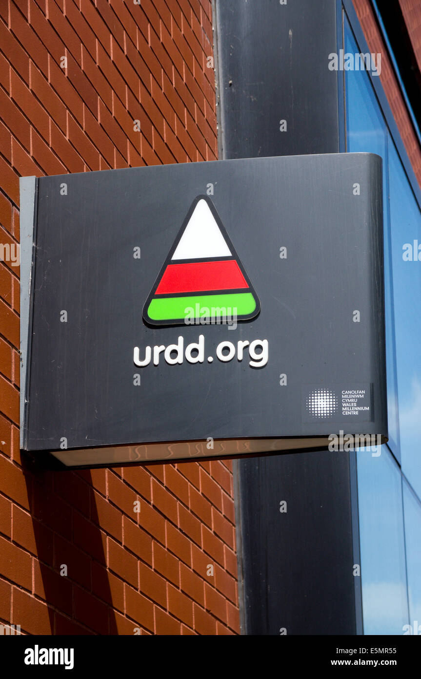 Urdd Gobaith Cymru sign, Millennium Centre, Cardiff Bay. Cardiff, South Wales, UK Stock Photo