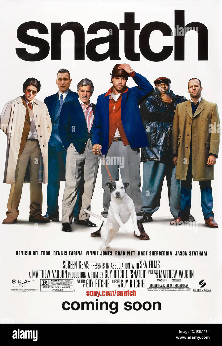SNATCH, l-r: Benicio Del Toro, Vinnie Jones, Dennis Farina, Brad Pitt, Ade, Jason Statham, 2000, ©Screen Gems Inc./courtesy Stock Photo