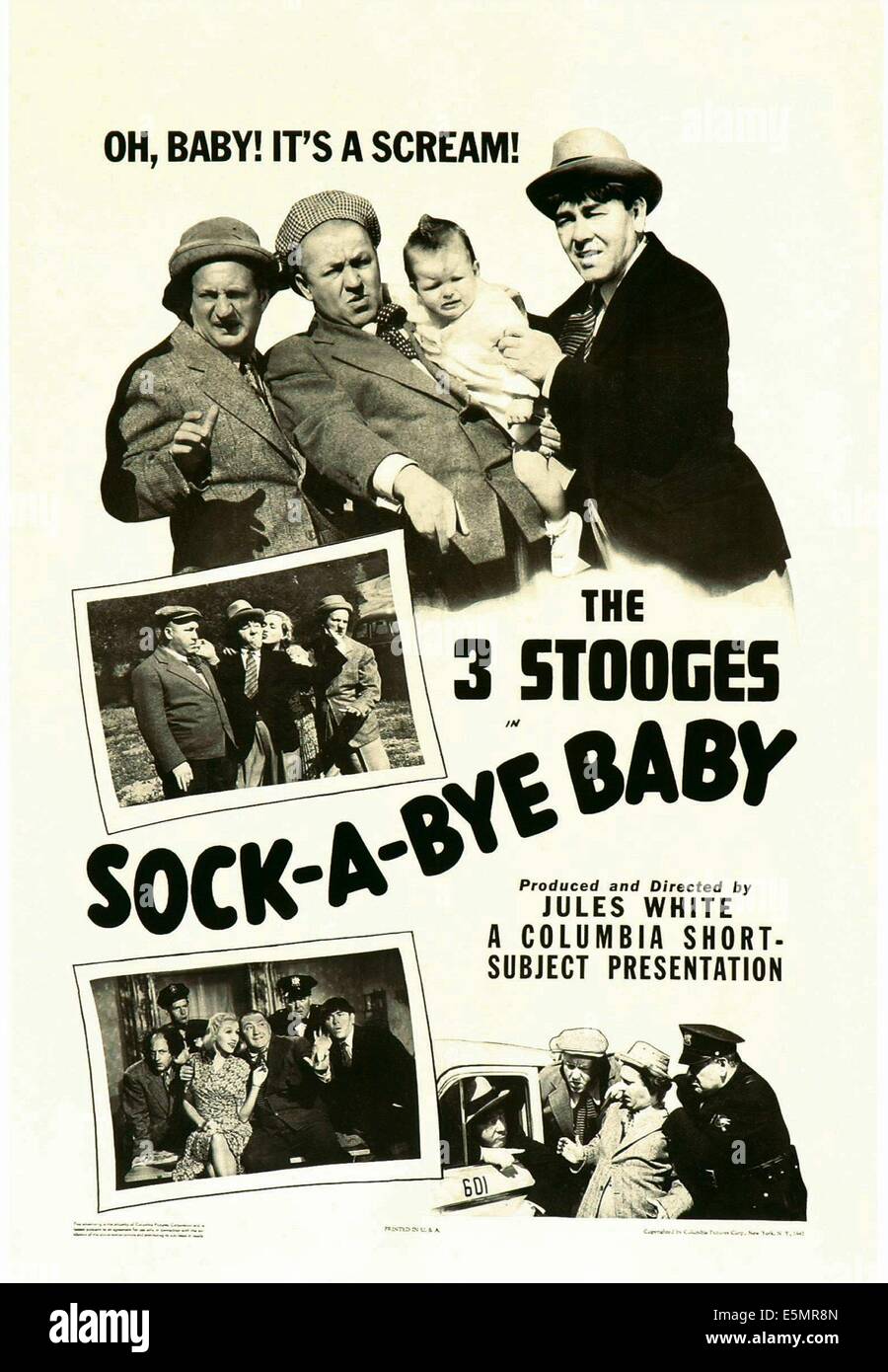 SOCK-A-BYE BABY, The Three Stooges-top from left: Larry Fine, Curly Howard, Moe Howard, 1942. Stock Photo