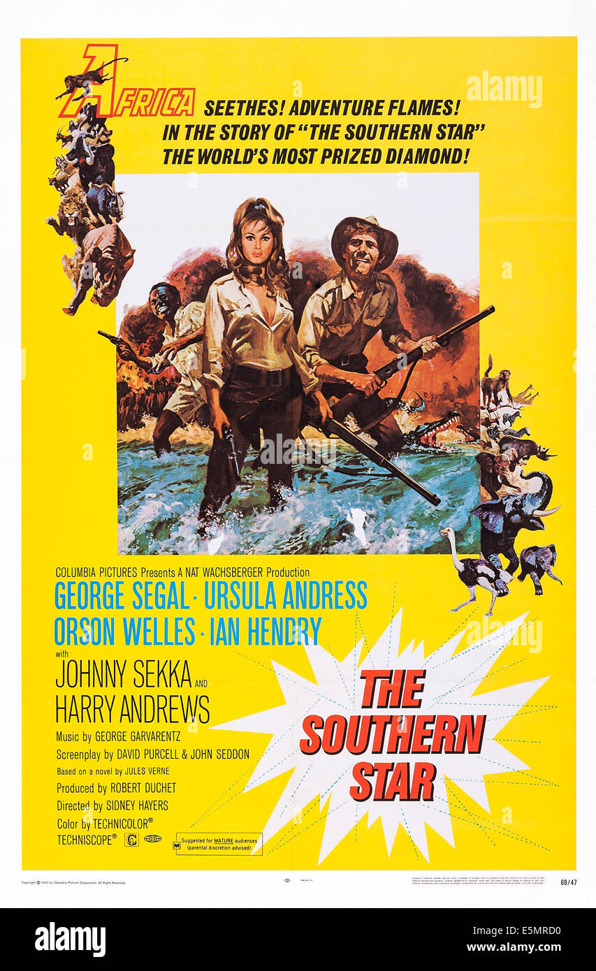 THE SOUTHERN STAR, US poster art: from left, front, Ursula Andress, George Segal, 1969 Stock Photo