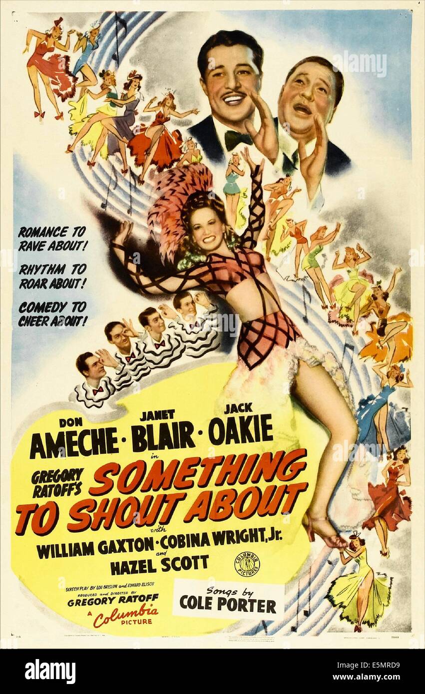 SOMETHING TO SHOUT ABOUT, US poster, Janet Blair (center), top from left: Don Ameche, Jack Oakie, 1943 Stock Photo