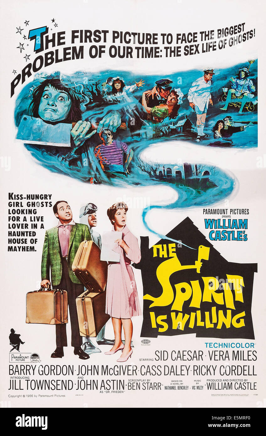 THE SPIRIT IS WILLING, US poster art, from left: Sid Caesar, Barry Gordon, Vera Miles, 1967 Stock Photo