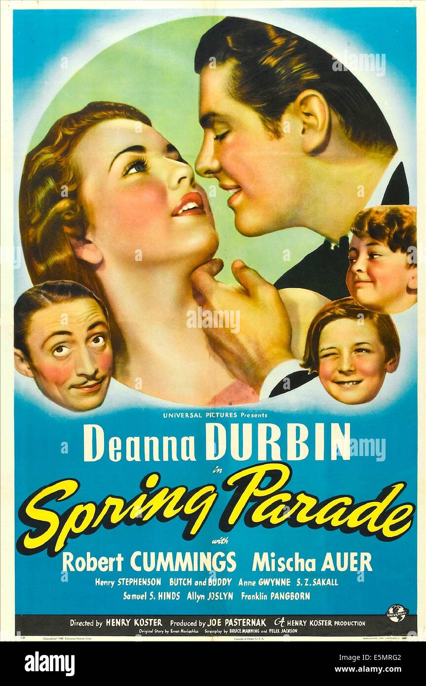SPRING PARADE, US poster, from left: Mischa Auer, Deanna Durbin, Robert Cummings, far right from top: Kenneth Brown, Billy Stock Photo