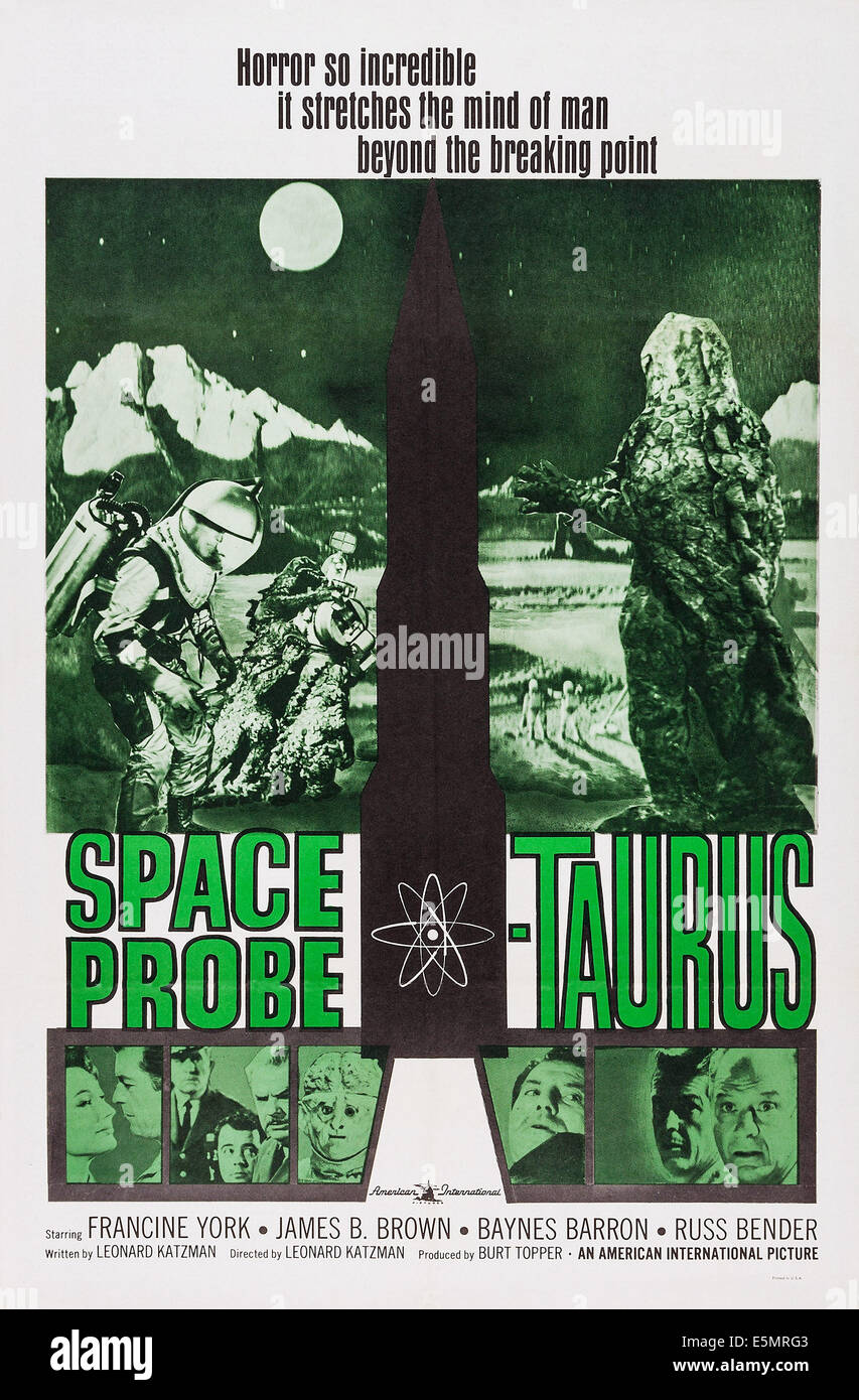 SPACE PROBE TAURUS, l-r: Francine York, James B. Brown, Baynes Barron, Russ Bender on poster art, 1965. Stock Photo