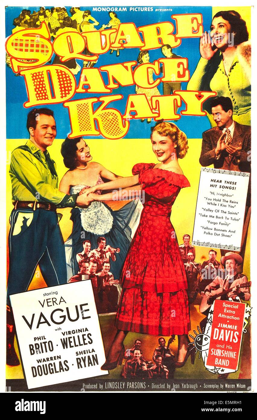 SQUARE DANCE KATY, US poster art, bottom right: Jimmy Davis, from left: Phil Brito, Sheila Ryan, Virginia Welles, 1950. Stock Photo