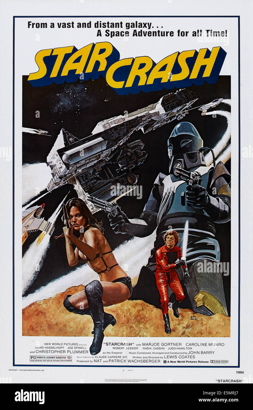 STARCRASH, US poster, from left: Caroline Munro, Marjoe Gortner, 1978, © New World/courtesy Everett Collection Stock Photo