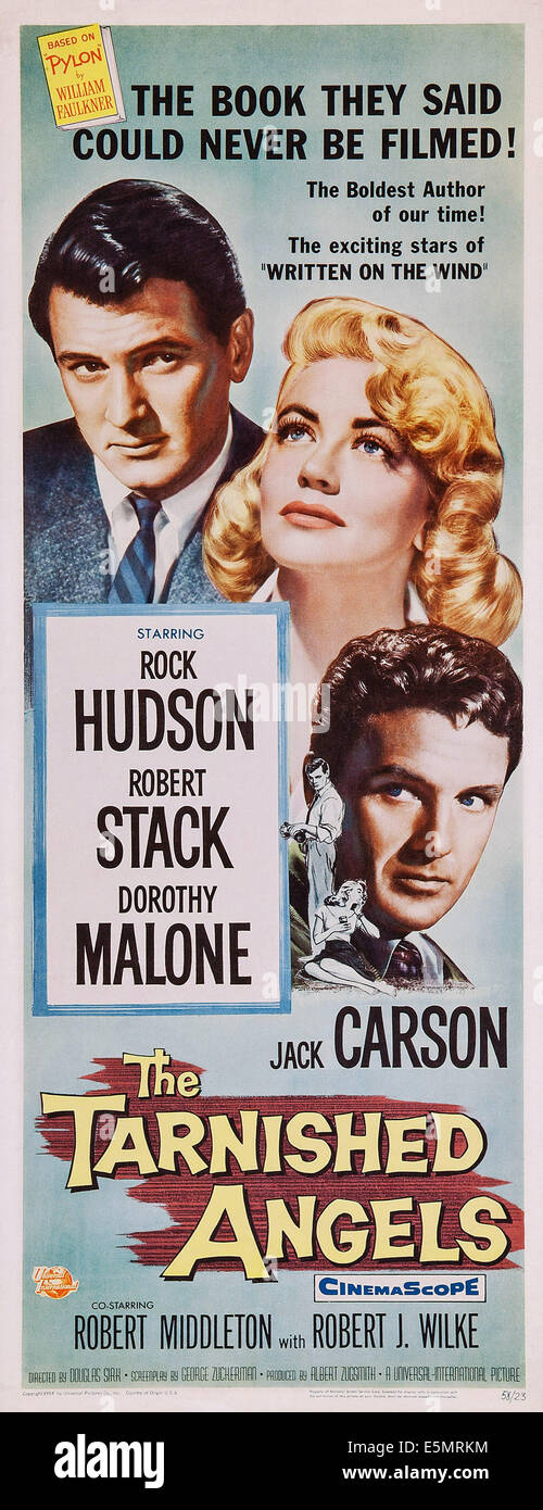 THE TARNISHED ANGELS, US poster art, from left: Rock Hudson, Dorothy Malone, Robert Stack, 1958 Stock Photo