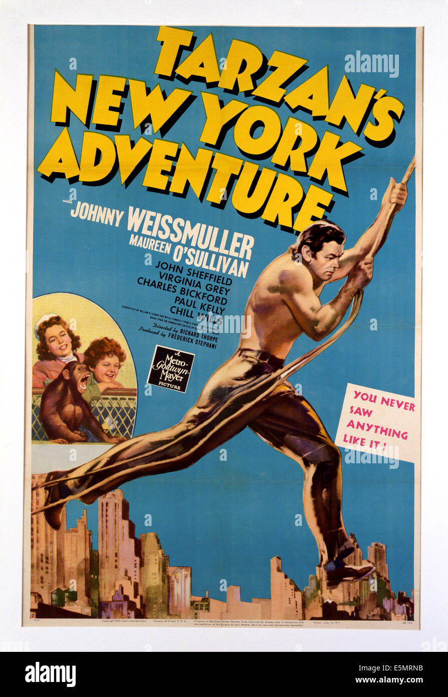 TARZAN'S NEW YORK ADVENTURE, Maureen O'Sullivan, Johnny Sheffield, Johnny Weissmuller, 1942 Stock Photo