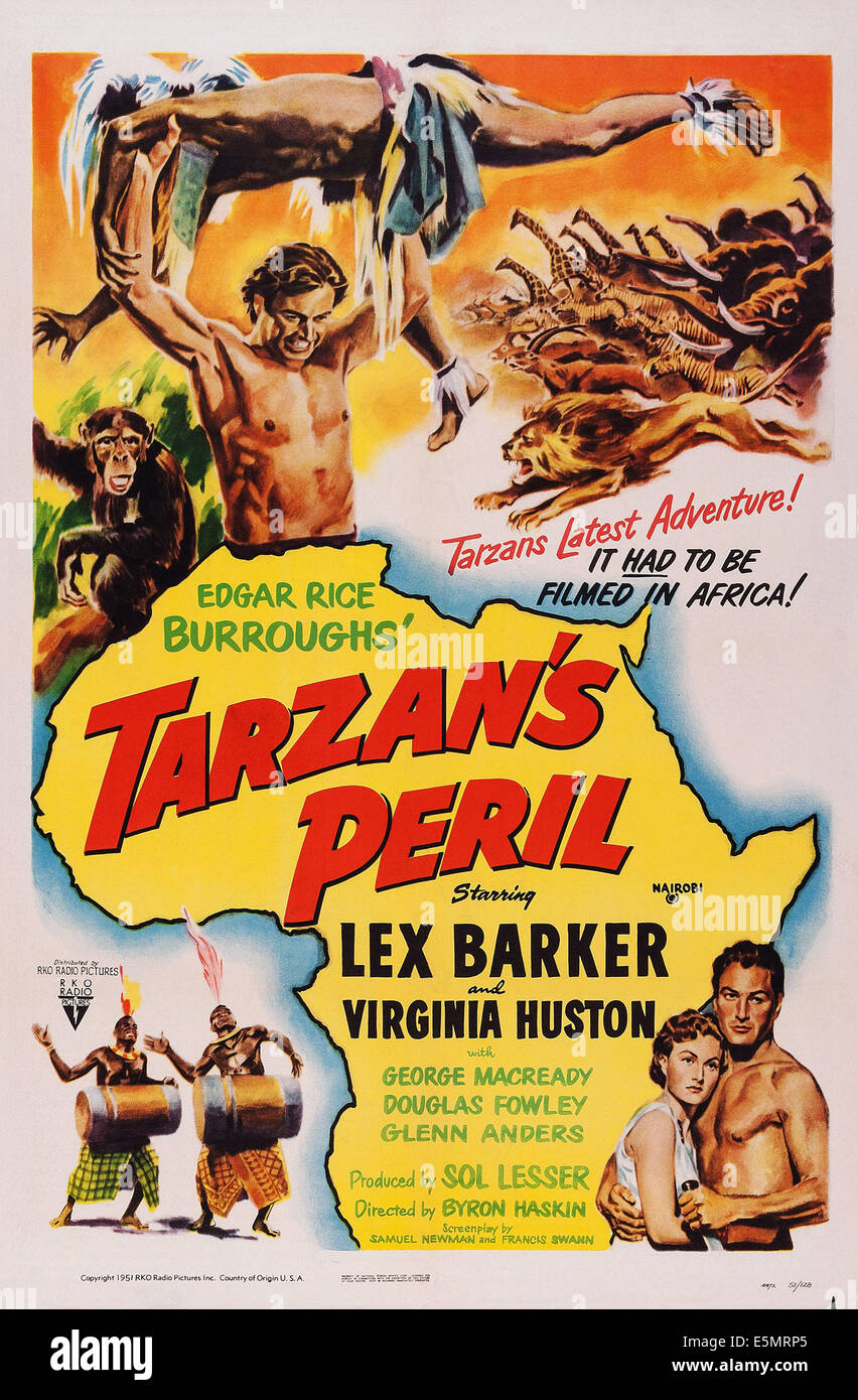 TARZAN'S PERIL, US poster, Lex Barker (top), bottom right from left: Virginia Huston, Lex Barker, 1951 Stock Photo