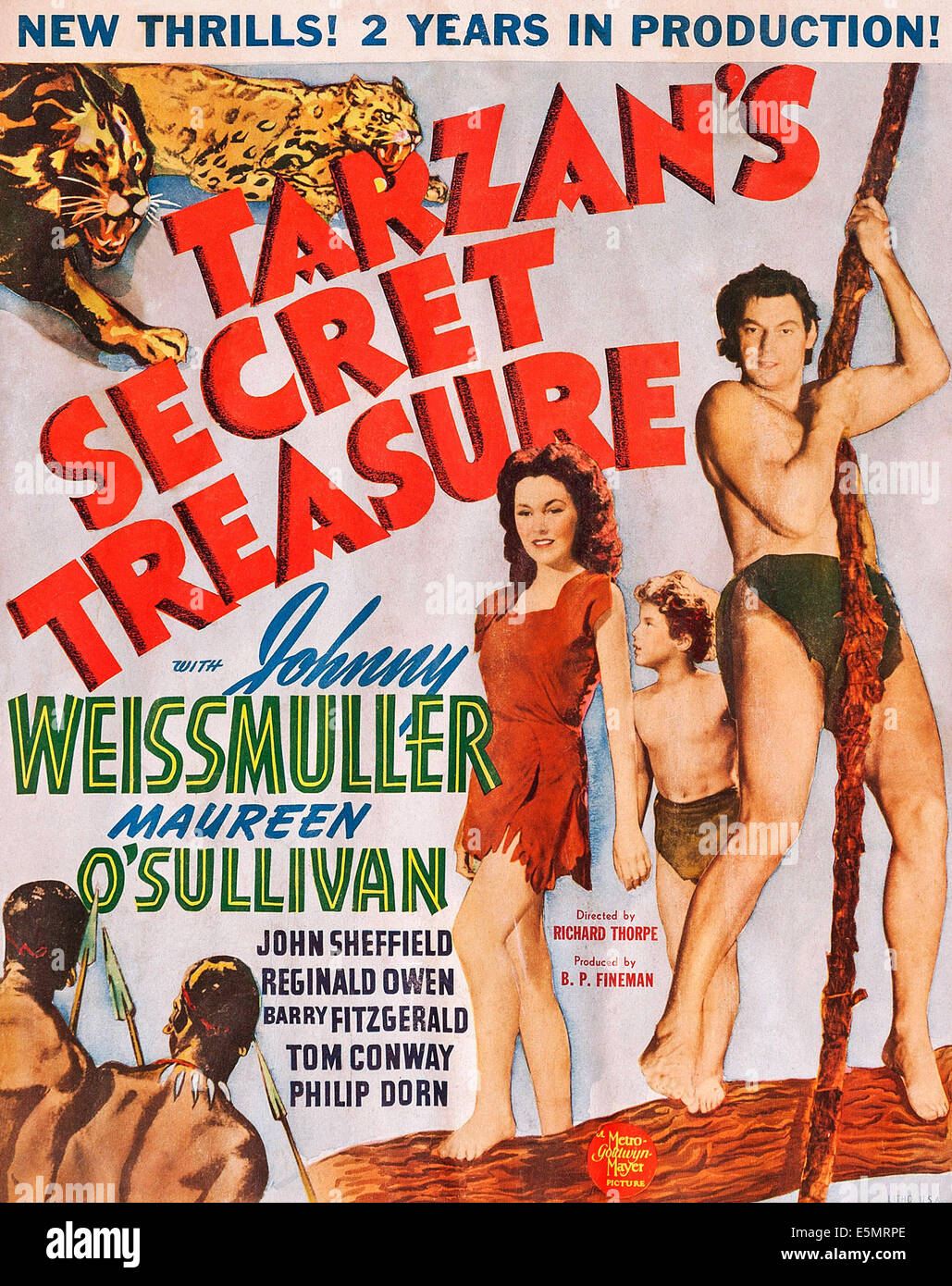 TARZAN'S SECRET TREASURE, US poster art, from left: Maureen O'Sullivan, Johnny Sheffield, Johnny Weissmuller, 1941 Stock Photo