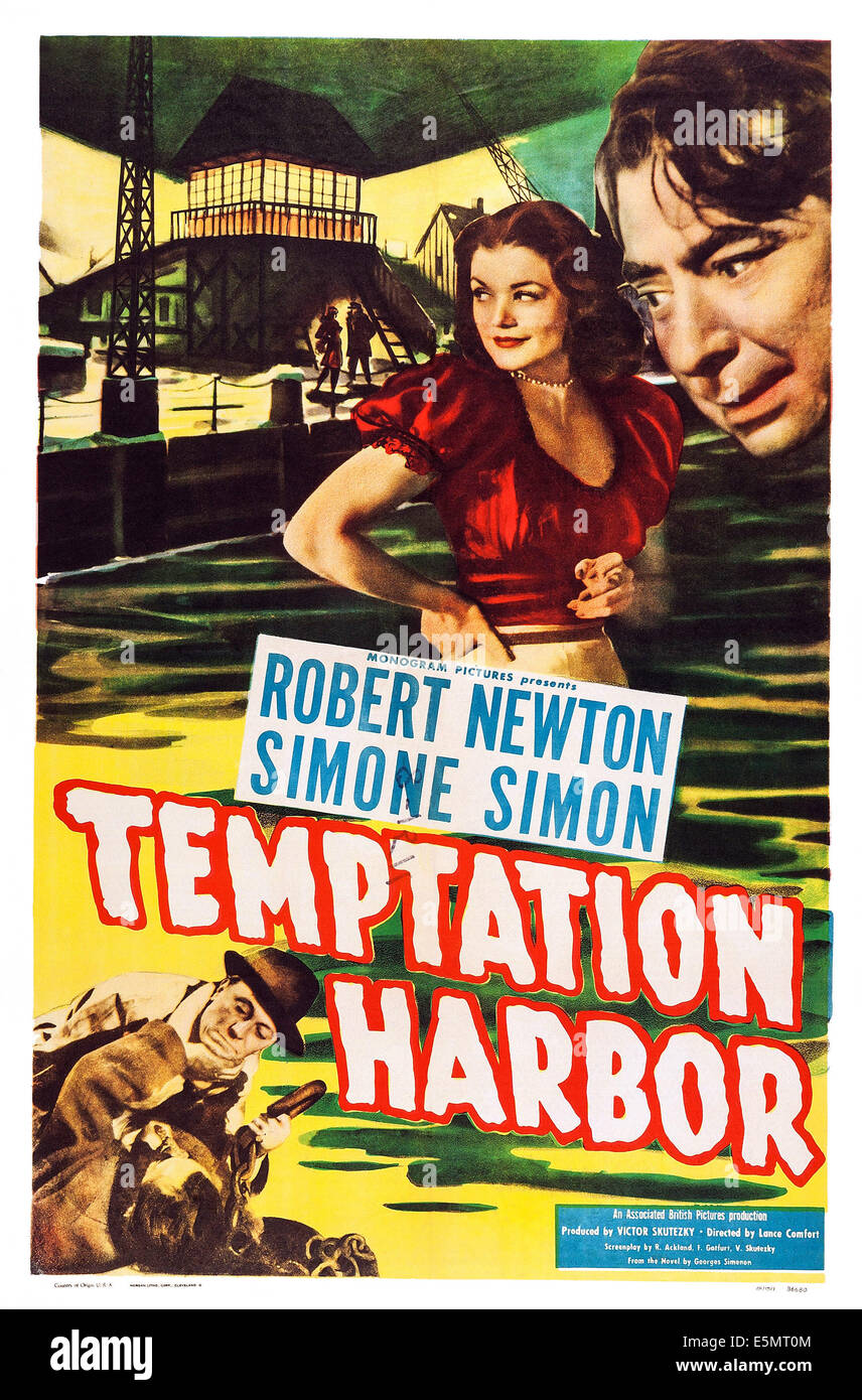 TEMPTATION HARBOUR, (aka TEMPTATION HARBOUR), US poster, top from left: Simone Simon, Robert Newton, 1947 Stock Photo