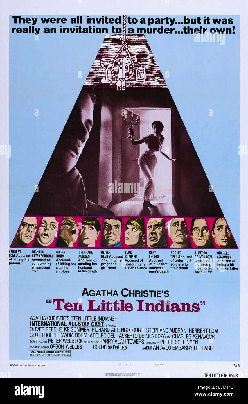 TEN LITTLE INDIANS, (aka EIN UNBEKANNTER RECHNET AB), US poster, bottom from left: Herbert Lom, Richard Attenborough, Maria Stock Photo