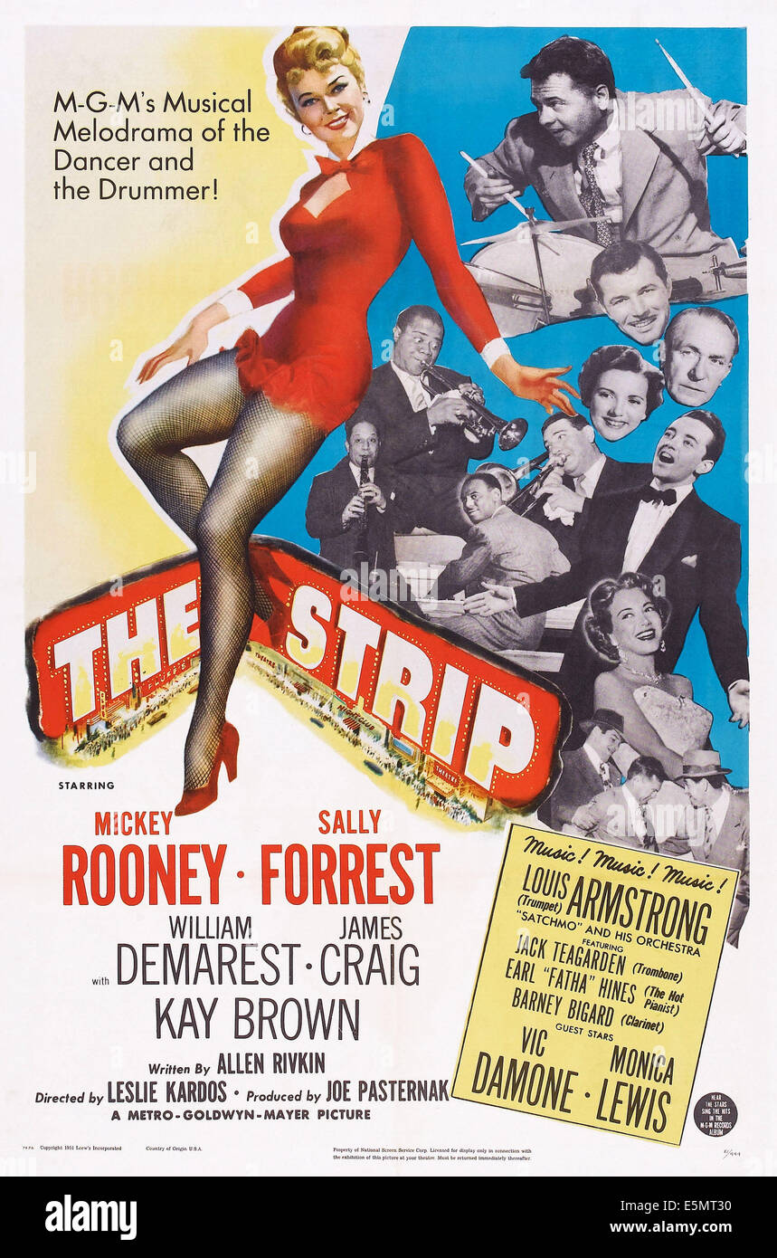 THE STRIP, left: Sally Forrest, from top: Mickey Rooney, James Craig, William Demarest, Kay Brown, Louis Armstrong, Barney Stock Photo