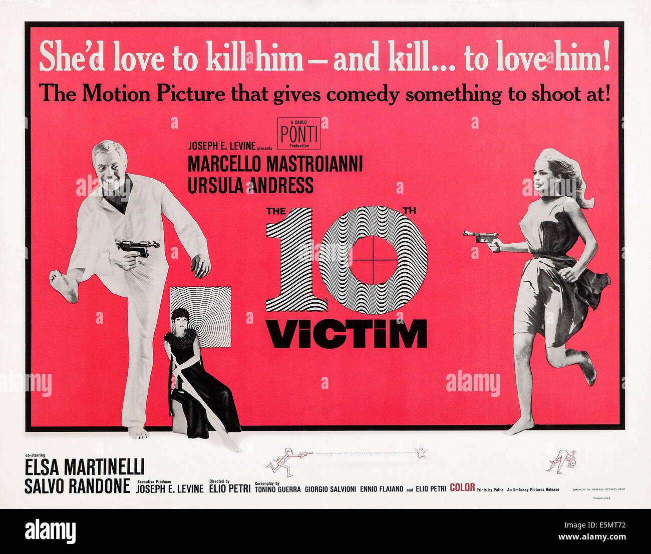 THE 10TH VICTIM, (aka LA DECIMA VITTIMA), US poster, from left: Marcello Mastroianni, Elsa Martinelli, Ursula Andress, 1965 Stock Photo