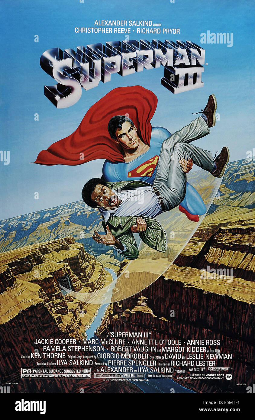SUPERMAN III, US poster, Christopher Reeve, Richard Pryor, 1983. © Warner Brothers/courtesy Everett Collection Stock Photo