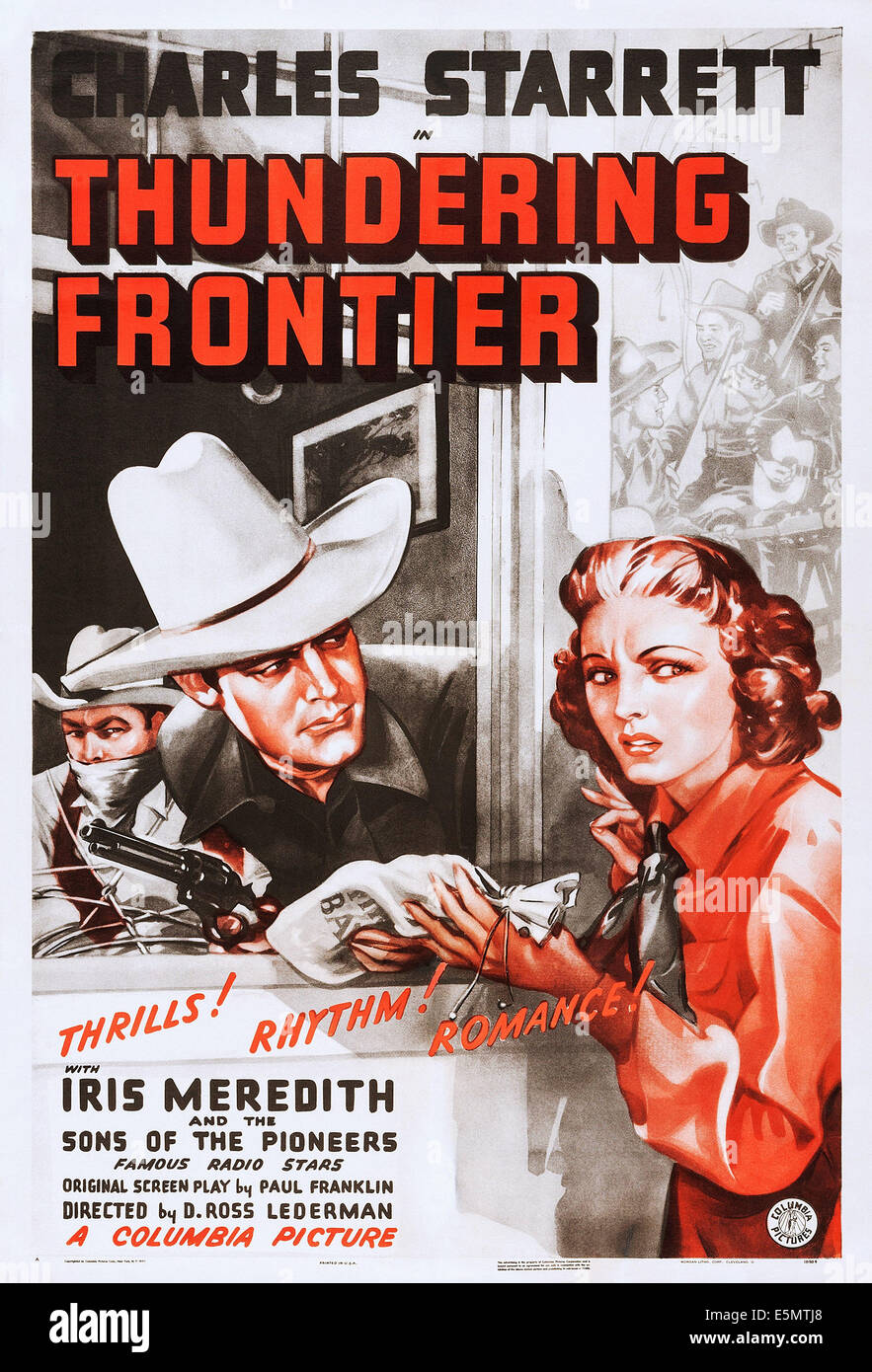THUNDERING FRONTIER, US poster art, from left: Charles Starrett,  Iris Meredith, 1940 Stock Photo