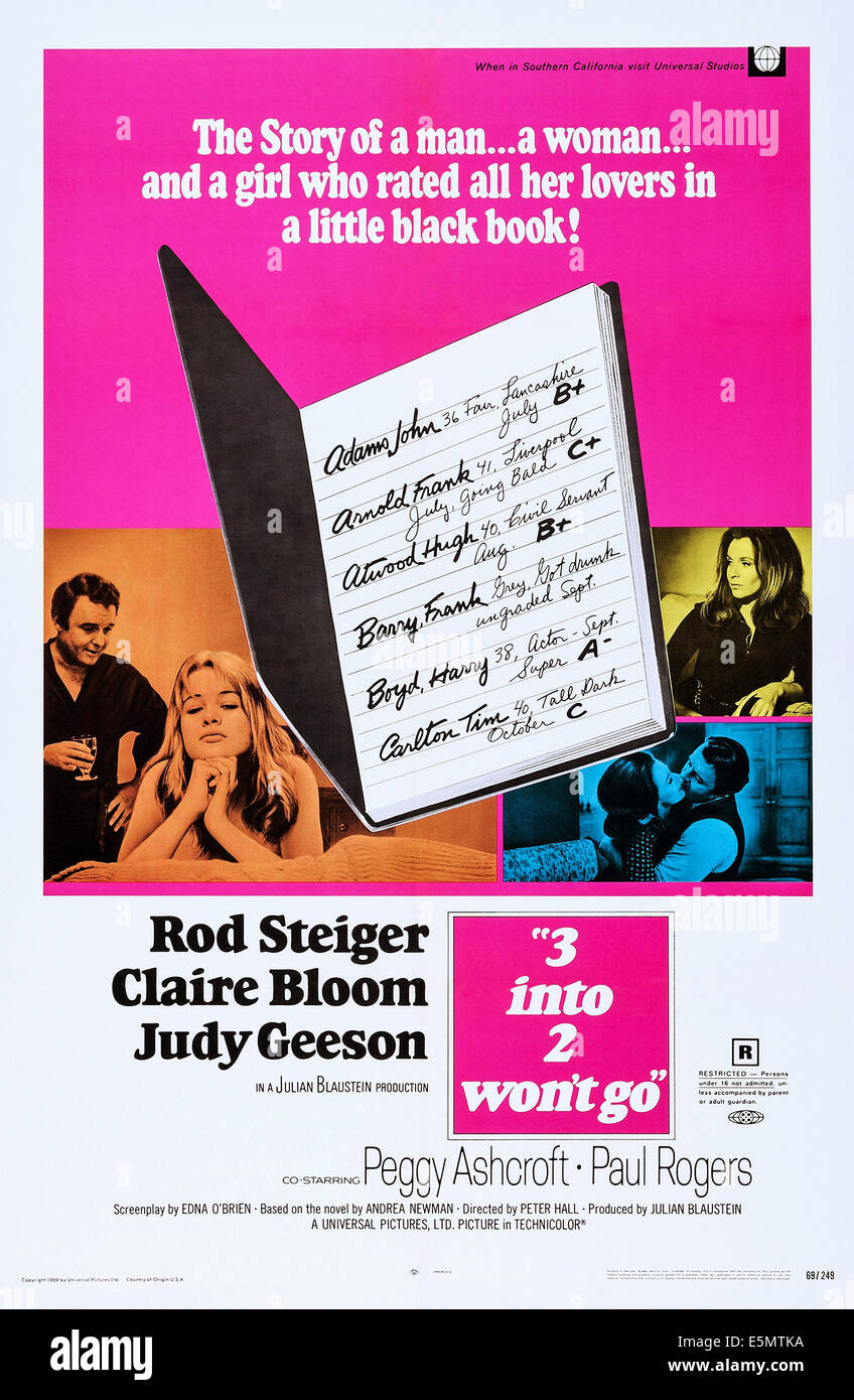 3 INTO 2 WON'T GO,(aka THREE INTO 2 WON'T GO), l-r: Rod Steiger, Judy Geeson, Claire Bloom on poster art, 1969 Stock Photo