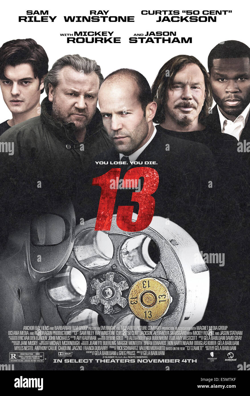 13, l-r: Sam Riley, Ray Winstone, Jason Statham, Mickey Rourke, Curtis '50 Cent' Jackson on US poster art, 2010, ©Anchor Stock Photo